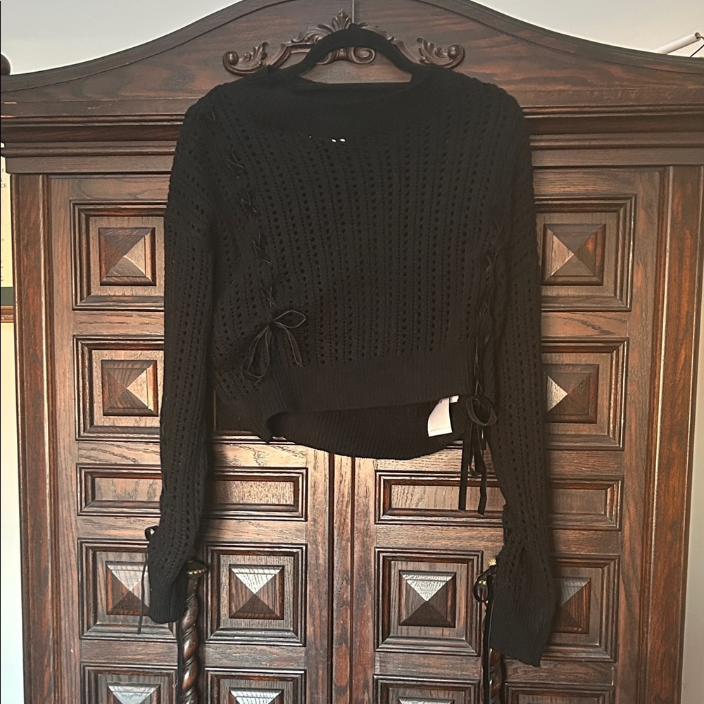 Black Knit Sweater with Lace-Up Details